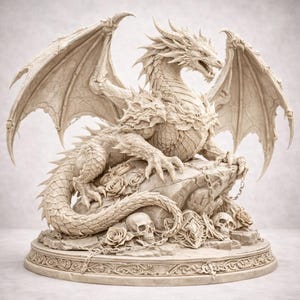 May include: A detailed beige dragon sculpture with outstretched wings, perched atop a rock formation. The dragon is adorned with intricate scales and spikes, with roses and skulls at its base. A decorative chain is draped around the rock.