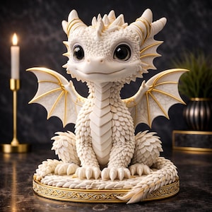 May include: A white and gold dragon figurine with large, expressive eyes and detailed scales. The dragon has gold accents on its wings, horns, and base. The figurine is sitting on a decorative, circular base with a gold trim.