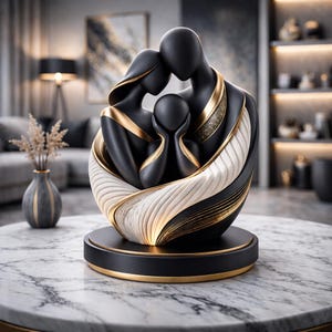 May include: A black and gold family sculpture. The sculpture depicts a stylized family of three, with the parents embracing the child. The sculpture has gold accents and sits on a black base with a gold trim. The sculpture is on a marble table.
