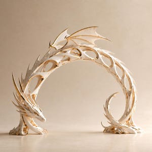 May include: A white and gold dragon sculpture in an arch shape. The dragon has intricate details, including wings, spikes, and a detailed head. The sculpture is made of a white material with gold accents, creating a fantasy theme.