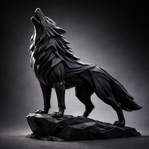 May include: A black wolf sculpture in a howling pose, perched on a rock. The wolf's fur is intricately carved with a geometric pattern. The sculpture is set against a dark gray background, highlighting the details of the artwork.