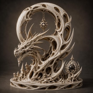May include: An off-white, intricately sculpted dragon figurine featuring a large, circular, porous structure behind it. A small, ornate pendant hangs from the top of the circle, and a spherical object sits on the base to the right of the dragon.