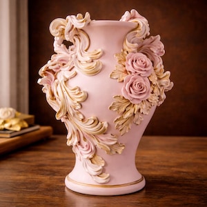 May include: A pink decorative vase with floral and scrollwork details. The vase features raised relief roses and leaves in a lighter pink and gold color. The base and rim have gold accents.
