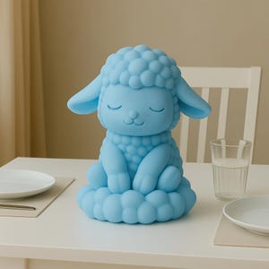 Könnte beinhalten: Hellblaue Lammfigur mit geschlossenen Augen, sitzend auf einer wolkenförmigen Basis. Das Lamm hat große Ohren und ein strukturiertes, wollartiges Aussehen. Die Figur steht auf einem weißen Tisch mit einem Teller und einem Glas Wasser.