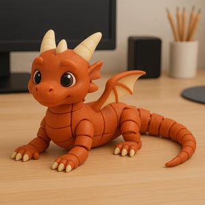 May include: An orange dragon figurine with articulated joints, large eyes, and cream-coloured horns and wing accents. The dragon is posed on a wooden surface, showcasing its segmented body and detailed claws. A whimsical fantasy creature.