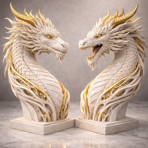 May include: Two white dragon sculptures with gold accents. The dragons face each other, with one mouth open. The sculptures have detailed scales and are mounted on square bases. The background is a neutral gray.