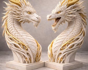 Paquete de archivos STL de busto de dragón / Par de cabezas de dragón real, modelo 3D / Escultura de dragón de fantasía en formato STL / Estatua de dragón impresa en resina / Decoración mítica en formato STL
