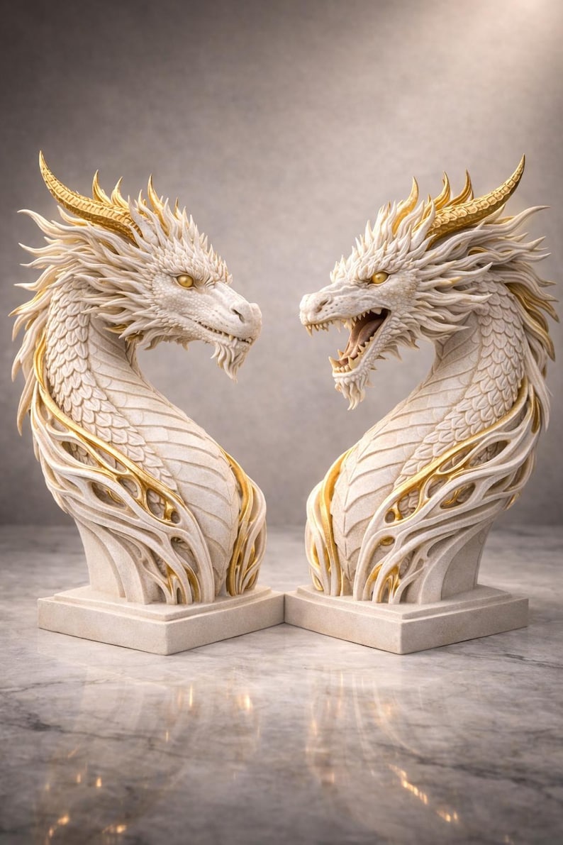 May include: Two white dragon sculptures with gold accents. The dragons face each other, with one mouth open. The sculptures have detailed scales and are mounted on square bases. The background is a neutral gray.