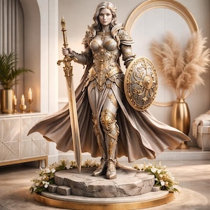 May include: A detailed statue of a female warrior in ornate armor, holding a sword and shield. The figure is in a flowing gown, with gold accents on the armor and a decorative base. The statue is surrounded by flowers and set in a well-lit room.
