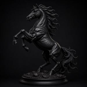 May include: A matte black sculpture of a horse rearing on its hind legs. The horse features a muscular build, a flowing mane, and a long tail, all captured in a dynamic pose. The entire figure is mounted on a circular base with a textured surface.