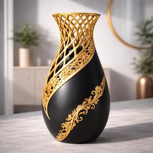 May include: A decorative black vase with gold accents. The top features a lattice design, while the body is adorned with gold floral patterns. The vase is an elegant home decor item.
