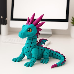 Könnte beinhalten: Türkisfarbene Drachenfigur mit magentafarbenen Akzenten. Der Drache hat große orangefarbene Augen, einen stacheligen Kopfkamm und kleine Flügel. Die Figur steht auf einer weißen Oberfläche und zeigt ihr detailliertes Design und ihre leuchtenden Farben.