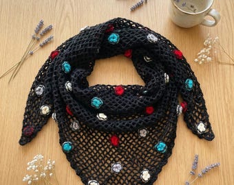 Handmade Black Crochet Cotton Shawl – Boho Floral Lace Wrap