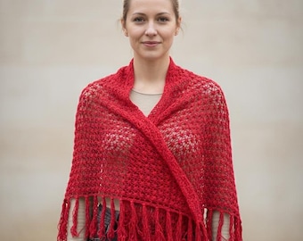 Knitted Red Cotton Scarf, Medium-Sized Fringe Shawl, Summer Statement Wrap, Valentine Accessory