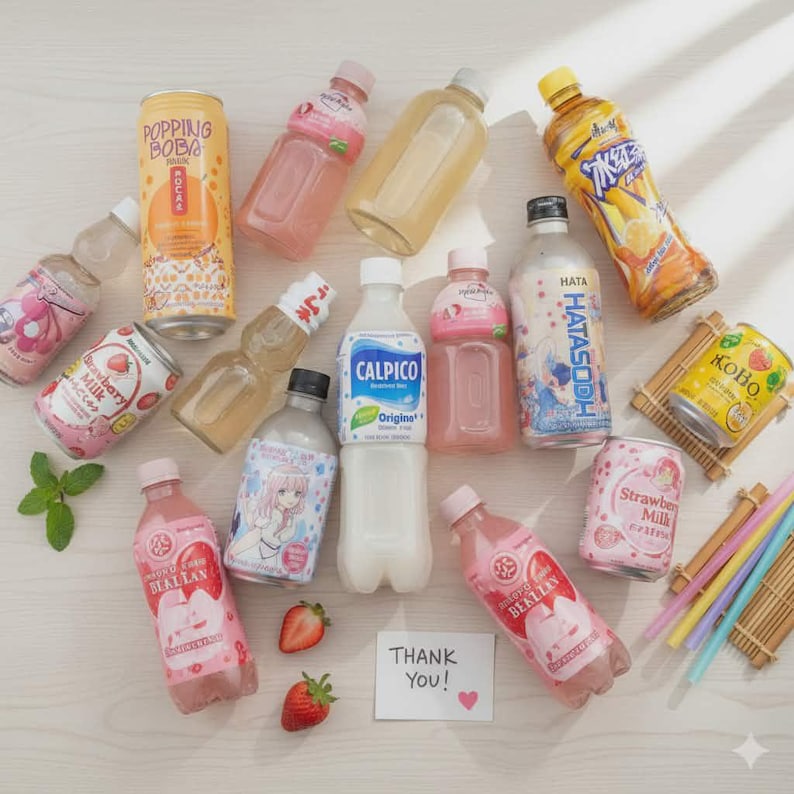 May include: An assortment of Japanese beverages, including canned drinks and bottled sodas, in various colors. The image features a can of "Popping Boba" and bottles of "Calpico" and "Strawberry Milk". A handwritten note says "Thank You!"