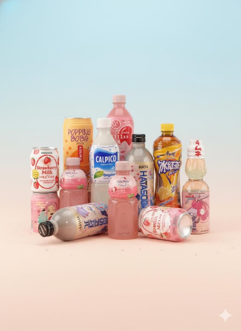 May include: A collection of various bottled and canned beverages, including strawberry milk, Calpico, and Popping Boba. The drinks are in pink, white, yellow, and clear bottles and cans. Some cans have Japanese text.