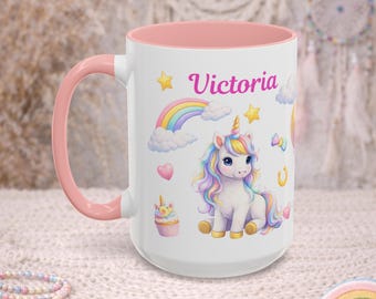 Personalized Unicorn Ceramic Mug, Rainbow Birthday Gift for Girls, Custom Kids Mug