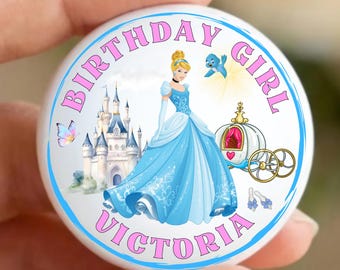 Personalized Princess Birthday Button Custom Name Party Pin Cinderella Birthday Girl Badge Party Favor Gift