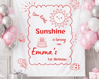 Little Sunshine First Birthday Banner, Personalized Cake Smash Backdrop, Baby Party Decor