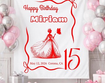Elegant Princess Birthday Banner, Quinceanera Backdrop,15th  Party Decor, Sweet 15 Birthday Tapestry