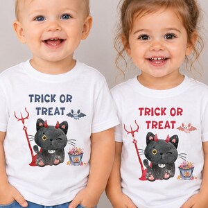 Siblings Halloween Shirts Trick or Treat Black Cat Halloween Tee for Kids, Boy Girl Matching Outfits, Funny Kids Halloween