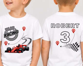 Personalized Race Car Birthday Shirt Custom Name Age Two Sides F1 Tee, Racing Theme Birthday