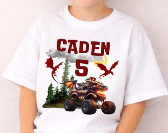 Custom Dragon Monster Truck Birthday Shirt, Personalized Name Age T-Shirt, Toddler Youth Adult Apparel