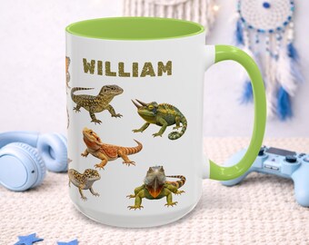 Personalized Lizard Mug, Custom Name Reptile Lover, Bearded Dragon Cup,  Custom Kids Present