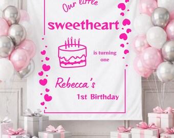 Personalized Sweetheart First Birthday Banner Custom Cake Smash Backdrop Baby Party Decor First