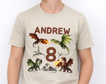 Personalized  Dragon Birthday Shirt, Custom Name and Age Outfit, Boys Dragon Party Shirt, Kids Birthday Tee, Dragon Theme Shirt