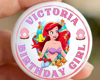 Mermaid Birthday Girl Pin Button Custom Name Accessory  Gift Ariel  Badge
