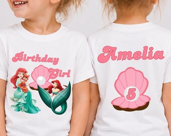 Personalized  Mermaid Birthday Girl Shirt Custom Name Age Party Tee The Little Mermaid Gift Under 20 Dollars Two Sided Princes Ariel