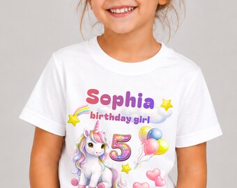 Personalized Unicorn Birthday Girl T-Shirt  Custom Name, Any Age Rainbow  Party Tee, Toddlers Youths Gift