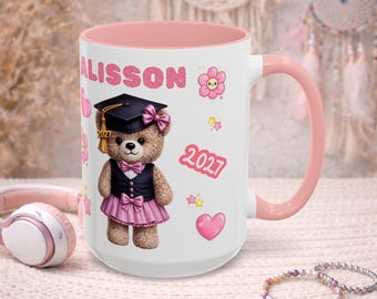 Class of 2027 Mug, Back to School Gift for Her, Personalized Graduate Mug, Pink Teddy Bear Coffee Cup, High School Senior Gift