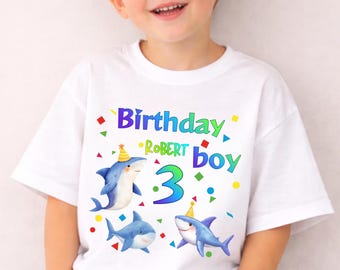 Personalized Shark Birthday Shirt, Custom Birthday Boy Shark Tee, Age Birthday Shirt, Kids Shark Party Shirt, Personalized Birthday Outfit