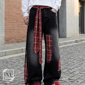 Plaid Patch Jeans | Wide Leg Denim Ribbon Detail | Daily Wear | Y2K Street Style

Wide leg denim jeans with plaid patch design and ribbon detail, perfect for casual outfits and Y2K street style fashion.