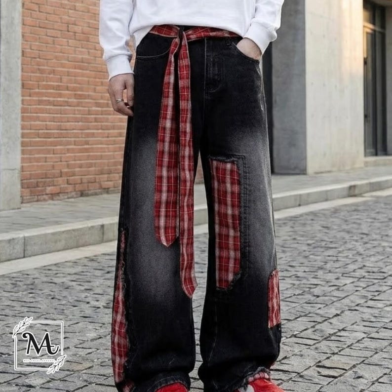 Plaid Patch Jeans | Wide Leg Denim Ribbon Detail | Daily Wear | Y2K Street Style

Wide leg denim jeans with plaid patch design and ribbon detail, perfect for casual outfits and Y2K street style fashion.