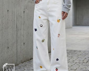 Bestickte Baggy Jeans | Lockere Gerade Jeanshose | Alltagskleidung | Y2K Streetwear-Stil