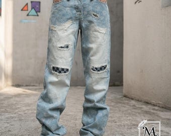 Paisley-jeans met scheuren | Wijde broek met wijde pijpen | Dagelijkse kleding | Y2K streetwear-stijl