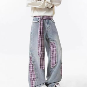 Plaid Patch Jeans | Wide Leg Denim Ribbon Detail | Daily Wear | Y2K Street Style

Wide leg denim jeans with plaid patch design and ribbon detail, perfect for casual outfits and Y2K street style fashion.