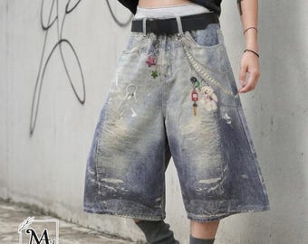 Baggy Denim Shorts | Printed Wide Leg Jorts | Daily Wear | Y2K Streetwear Style