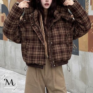Chaqueta de mujer con cuello a cuadros / Abrigo holgado de manga larga / Moda casual chic de invierno