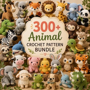 Puede incluir: Una colección de varias figuras de animales tejidas a ganchillo que rodean un letrero central que dice 300+ Animal CROCHET PATTERN BUNDLE. Las figuras incluyen un caballo, koala, zorro, león, jirafa, elefante, panda, cocodrilo, cebra y otros.