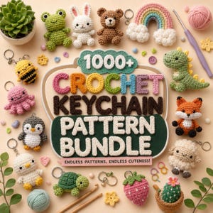 May include: A collection of crocheted amigurumi keychains including a frog, rabbit, bear, rainbow, dinosaur, fox, sheep, cactus, strawberry, turtle, penguin, octopus, and bee, surrounding a sign that reads 1000+ CROCHET KEYCHAIN PATTERN BUNDLE.