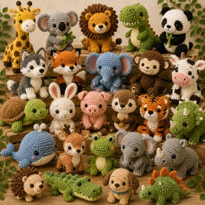 May include: A collection of twenty-two small, handcrafted crochet animal figures, including a giraffe, koala, lion, dinosaur, panda, husky, fox, elephant, monkey, cow, turtle, rabbit, pig, otter, tiger, whale, deer, frog, rhino, hedgehog, alligator, and dog.