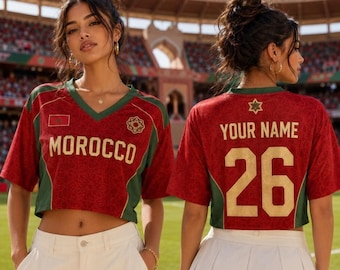 Custom Morocco Soccer Crop Top Jersey, Personalized Name Number Football Shirt, Women Game Day Outfit, Streetwear Sporty Fan Apparel