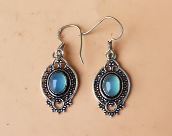 Aqua Chalcedony 925 Silver Hook Earrings, Boho Dangle