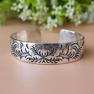 Oxidized Sterling Silver Cuff Bangle, Engraved Floral Boho Jewelry