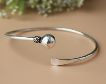 Silver Plated Open Cuff Bangle, Adjustable Ball End, Handmade