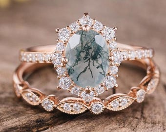 Pear Moss Agate Halo Engagement Ring Rose Gold Nature Inspired Bridal Ring with Diamond Band Unique Vintage Style Ring Gift For Her